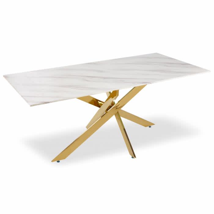 Table Repas JESSICA Gold et plateau en verre 150 cm 4 à 6 couverts
