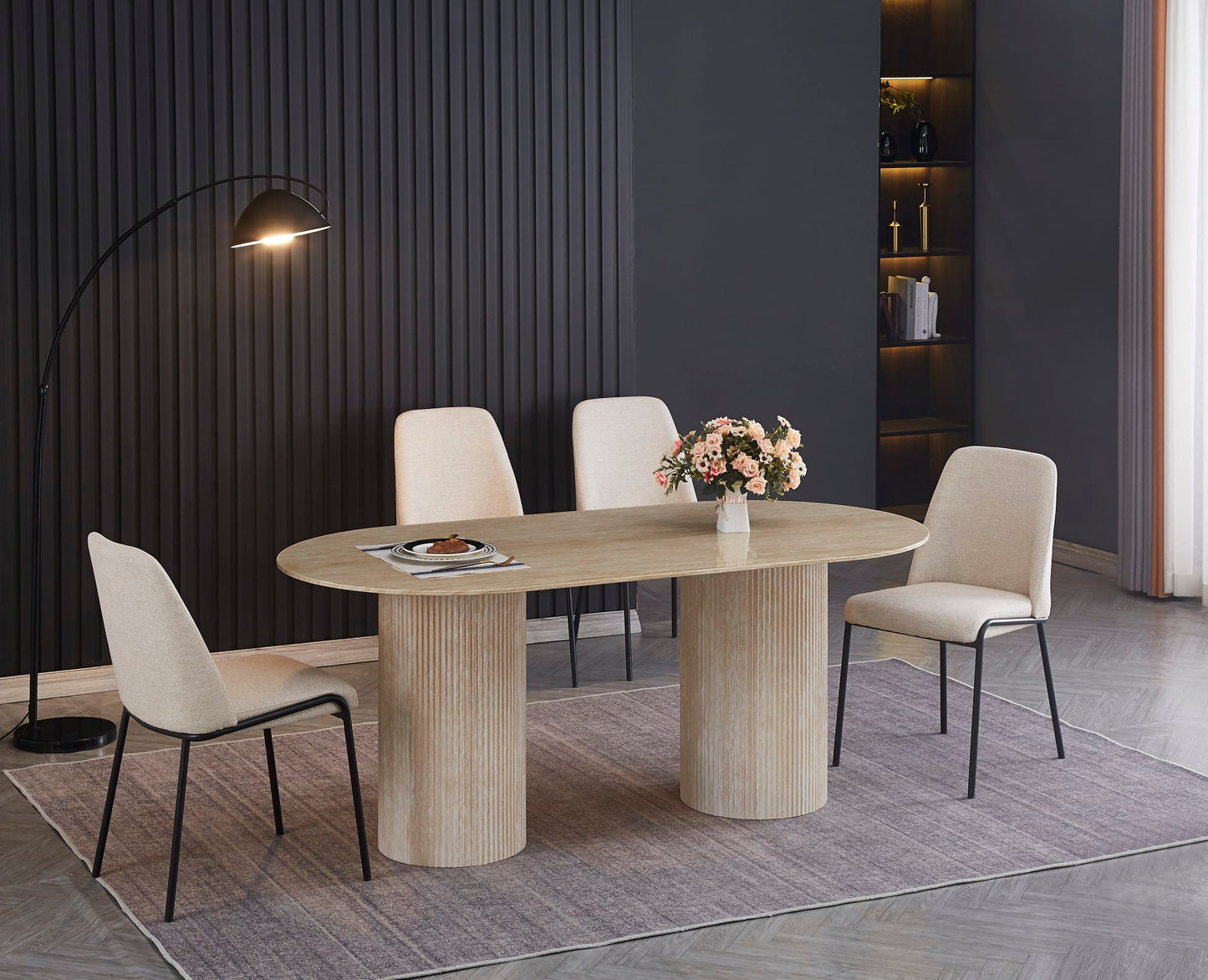 TABLE A MANGER COCO PIED EFFET TRAVERTIN PLATEAU CERAMIQUE TRAVERTIN 180X90X75cm