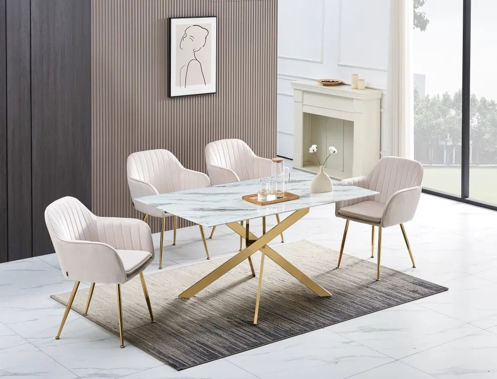 Table Repas JESSICA Gold et plateau en verre 150 cm 4 à 6 couverts
