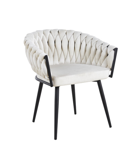 CHAISE AVEC ACCOUDOIR TRESSEE PIED METAL NOIR VELOURS ECRU
