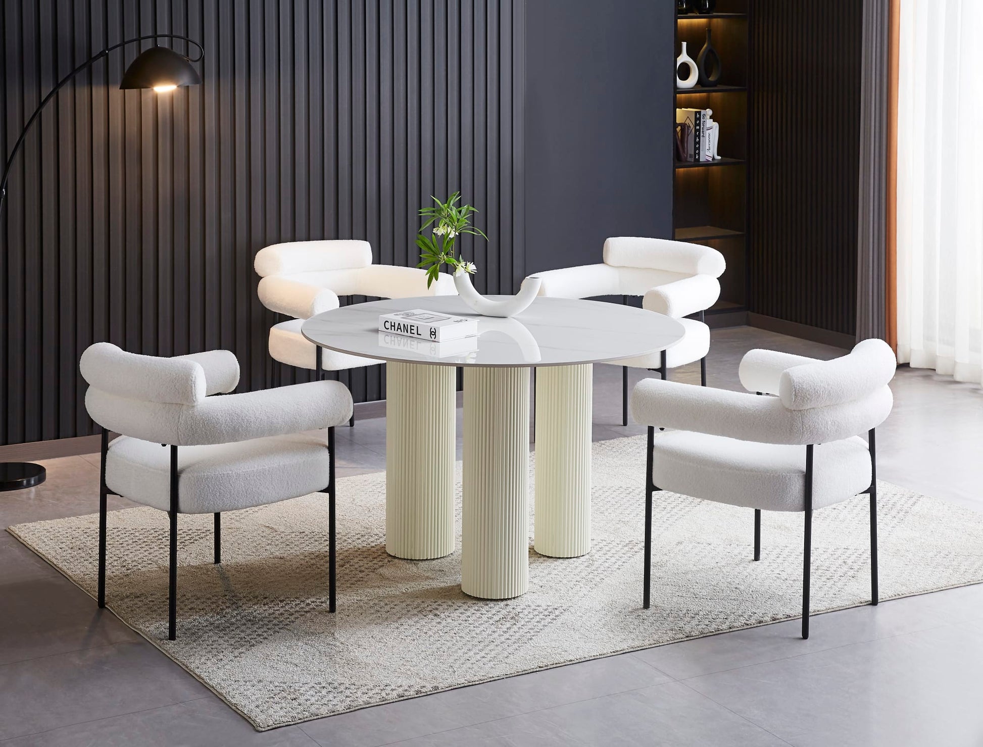 TABLE REPAS ANAÏS PIEDS BEIGE PLATEAU CERAMIQUE MARBRE BLANC 120CM
