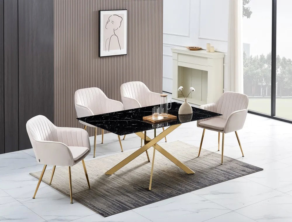Table Repas JESSICA Gold et plateau en verre 150 cm 4 à 6 couverts