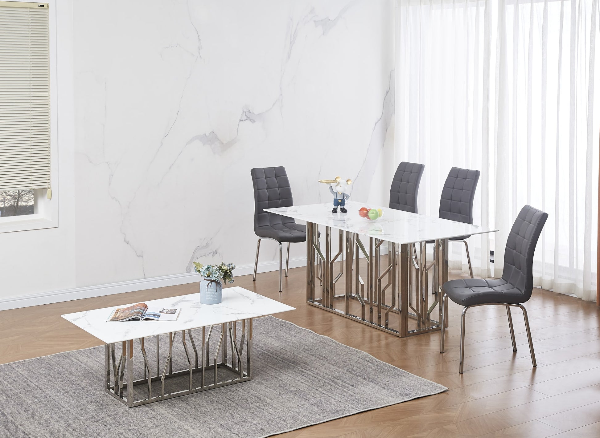 TABLE REPAS PORTOFINO CHROME MARBRE BLANC 180 x 90 CM