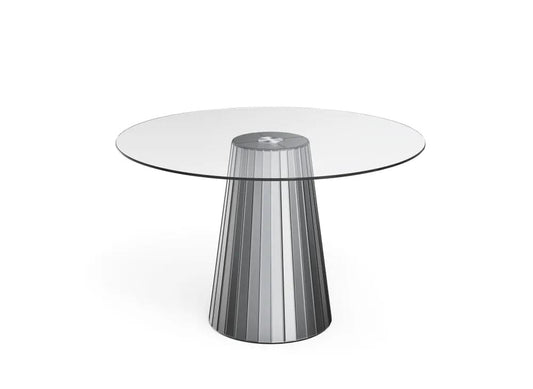 Table ronde DISCO miroir gris plateau transparent