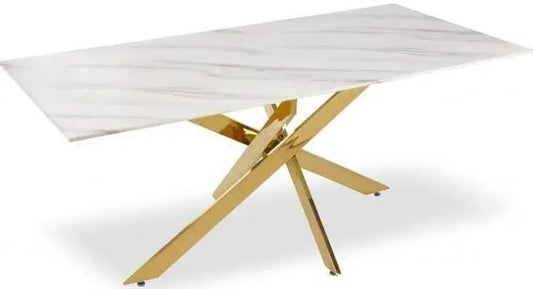 Table Repas JESSICA Gold et plateau en verre 150 cm 4 à 6 couverts