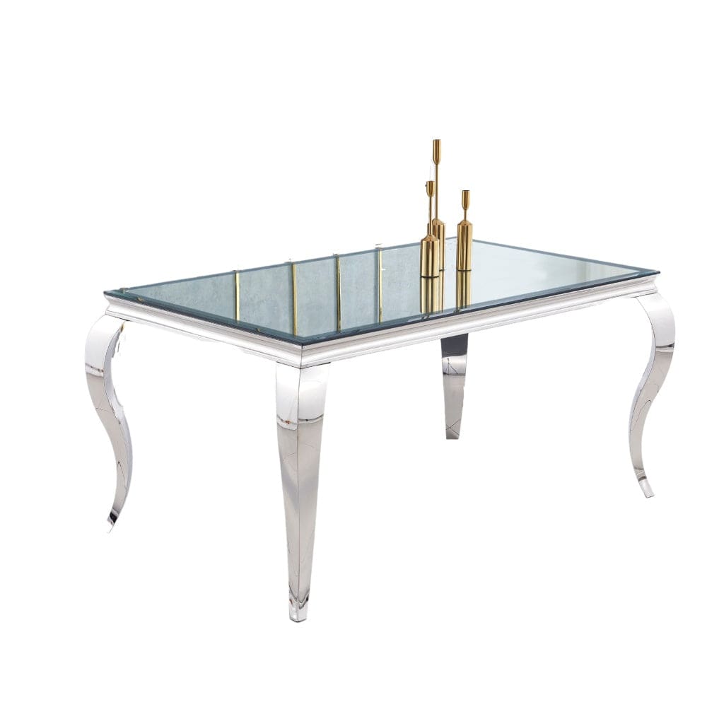 Table à manger BAROQUE 6 à 8 couverts pieds chrome plateau en verre 180x90 cm