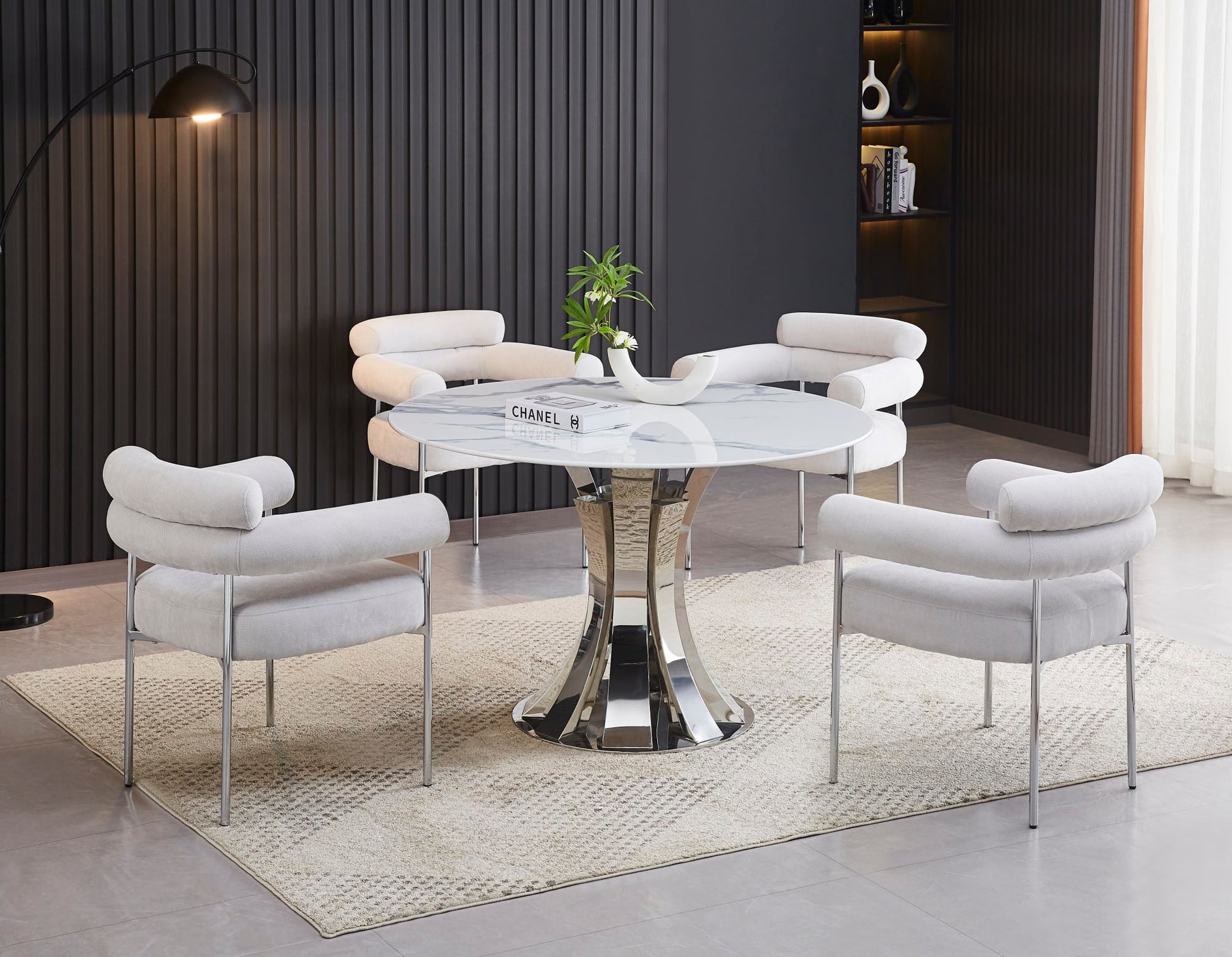 TABLE A MANGER RONDE JUDITH CHROME PLATEAU CERAMIQUE MARBRE BLANC 120cm