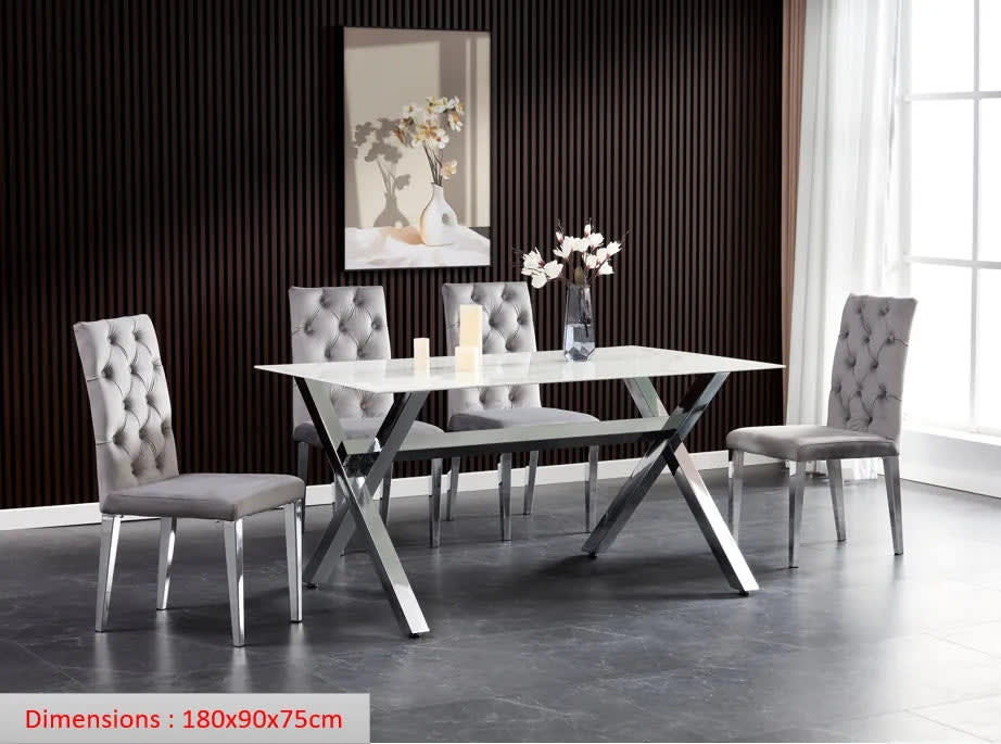 Table à manger IXE chrome XXL plateau marbre blanc 180 cm