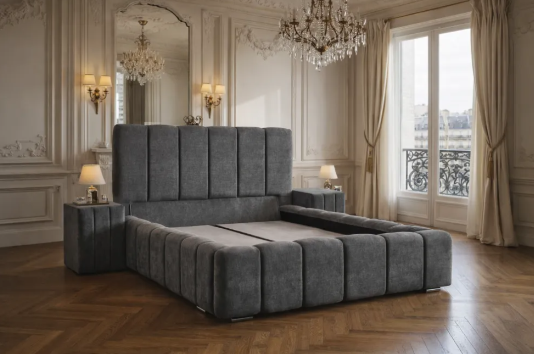Lit Coffre PIANO - Tissu Bouclette Rase Gris