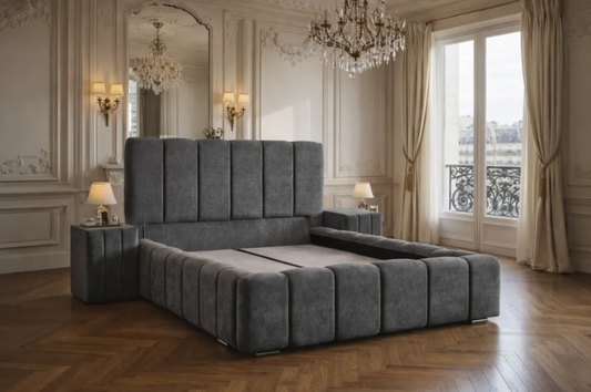 Lit Coffre PIANO - Tissu Bouclette Rase Gris