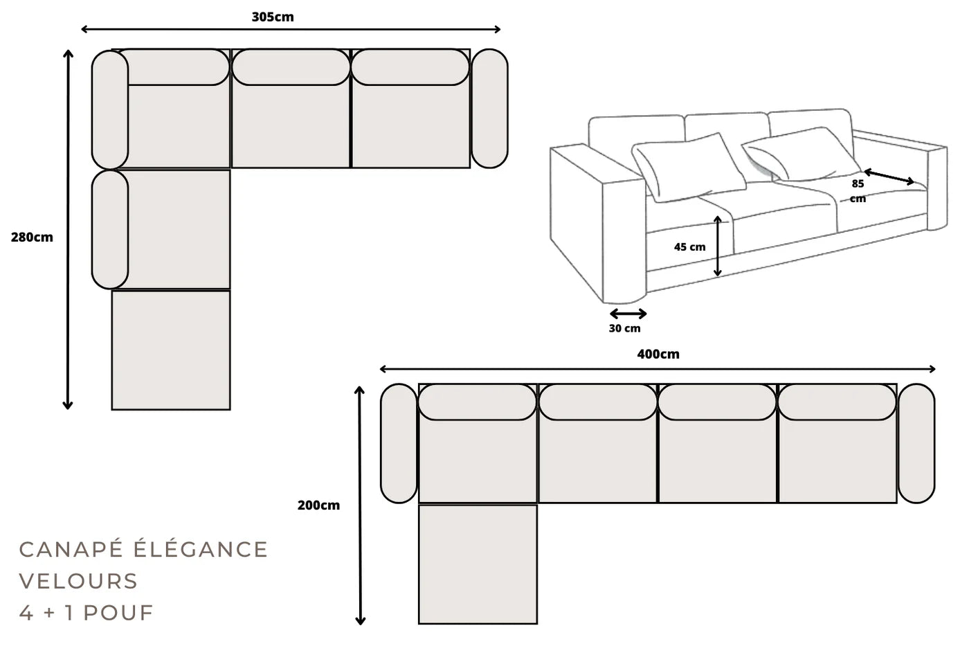 Canapé modulable Élégance 4+1 en Velours