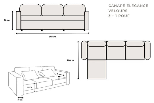 Canapé modulable Élégance 3+1 en Velours