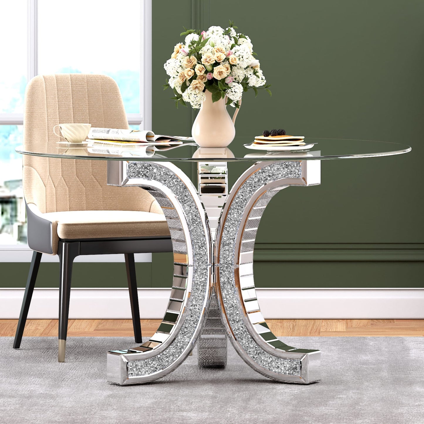 TABLE REPAS EN VERRE MIROIR PLATEAU VERRE TREMPE  COLLECTION ECLAT
