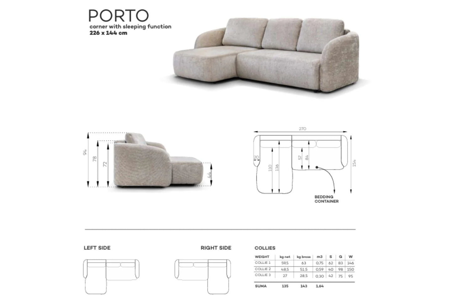 Canapé convertible PORTO en tissu marbella blanc cassé