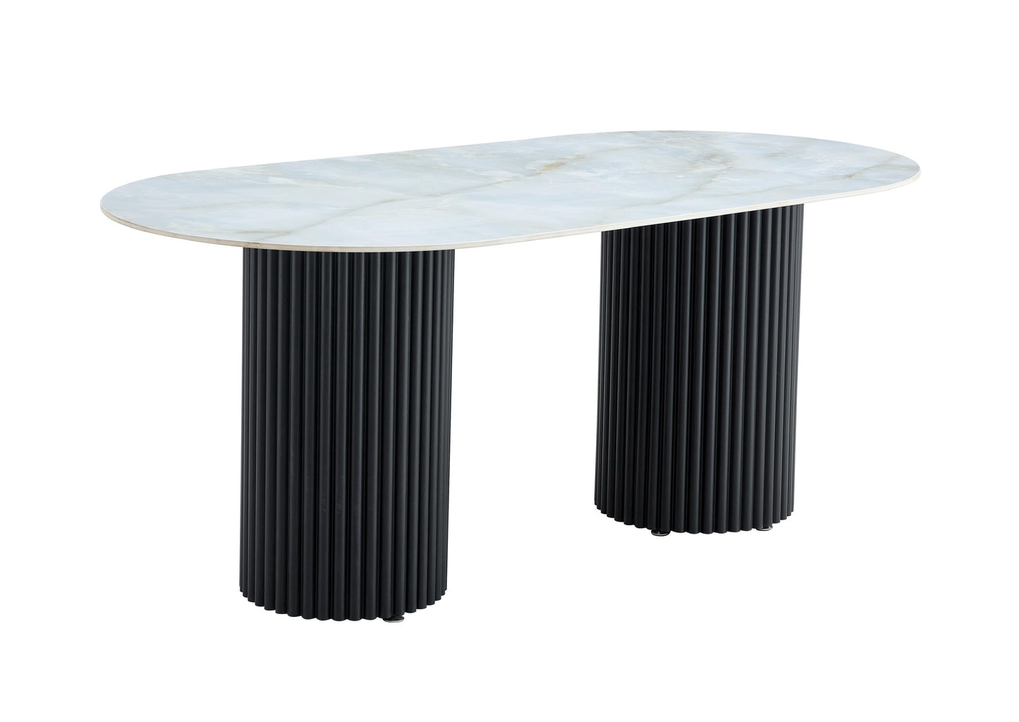 Table à manger « Keysha » pieds colonnes noir effet travertin plateau moka 180x90 cm