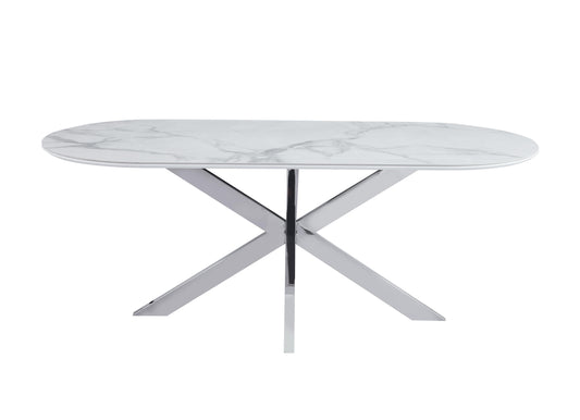 Table à manger « Manon» en céramique marbre blanc 200x100 cm - pieds chrome