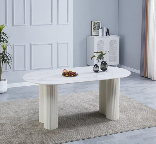 Table à manger « Venezia» en céramique marbre blanc & pieds beiges