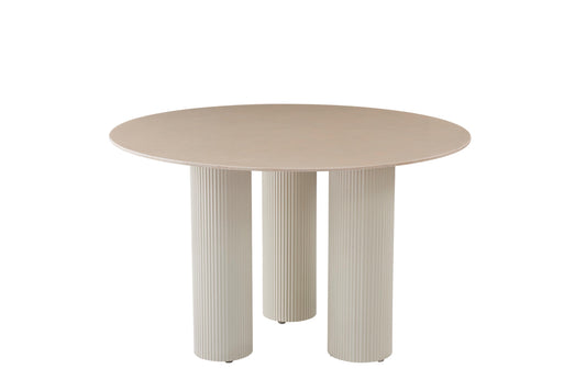 Table à manger « Anaîs » 3 pieds effet travertin plateau céramique beige brillant 120 cm