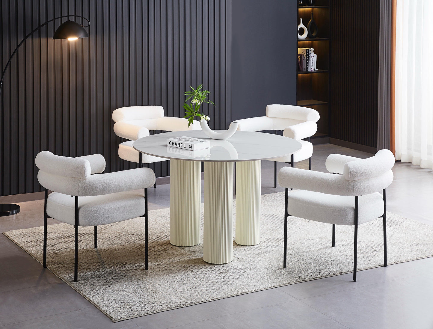 Table à manger « Anaîs » 3 pieds effet travertin plateau céramique marbre blanc 120 cm