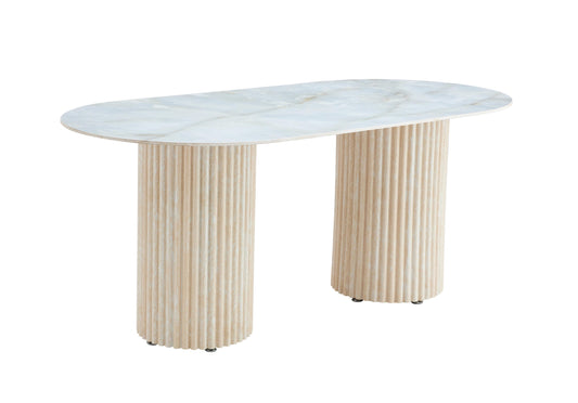 Table à manger « Keysha » pieds colonnes effet travertin plateau céramique moka 180x90 cm