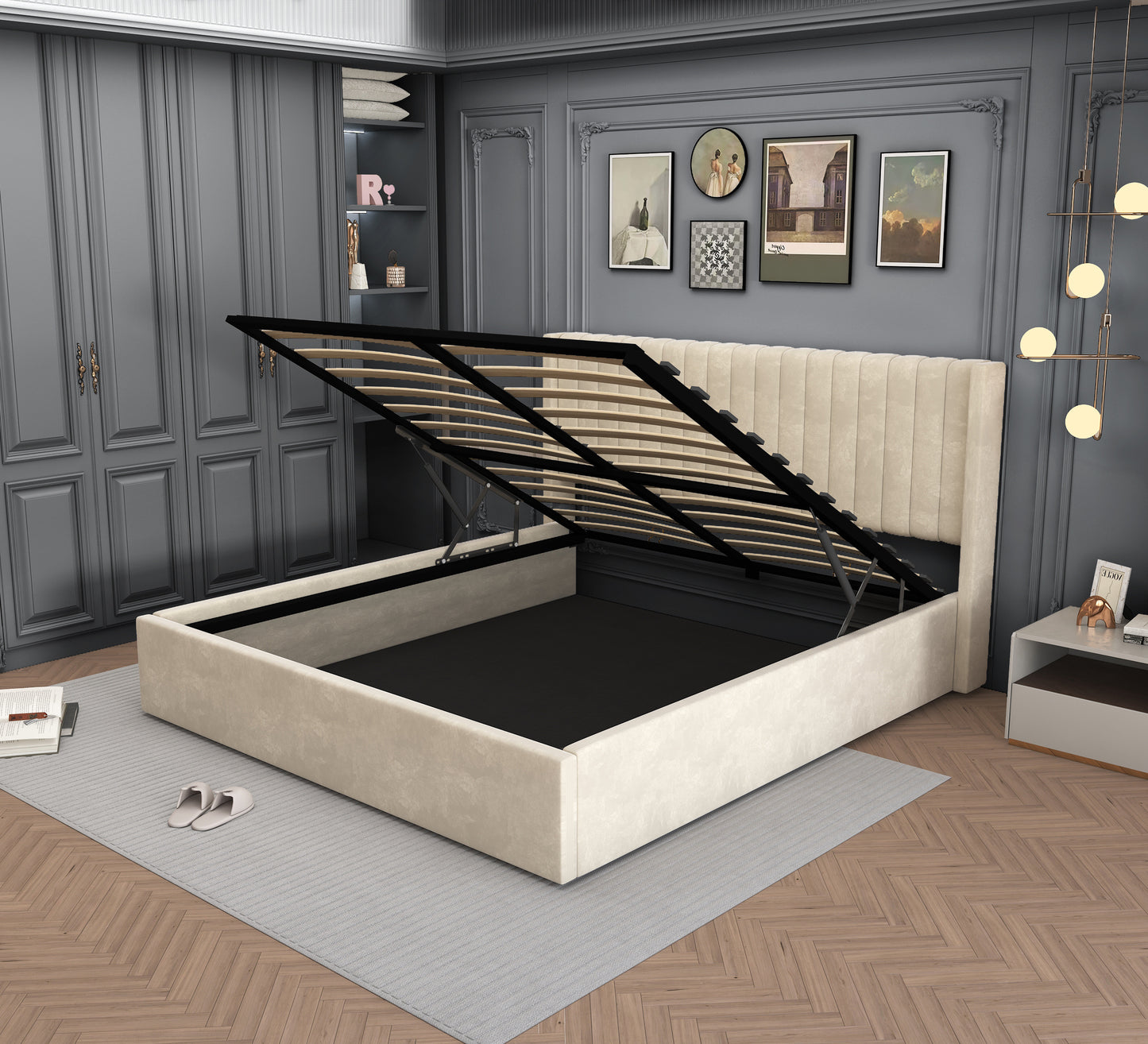 Lit Coffre Camille Beige coffre ouvert