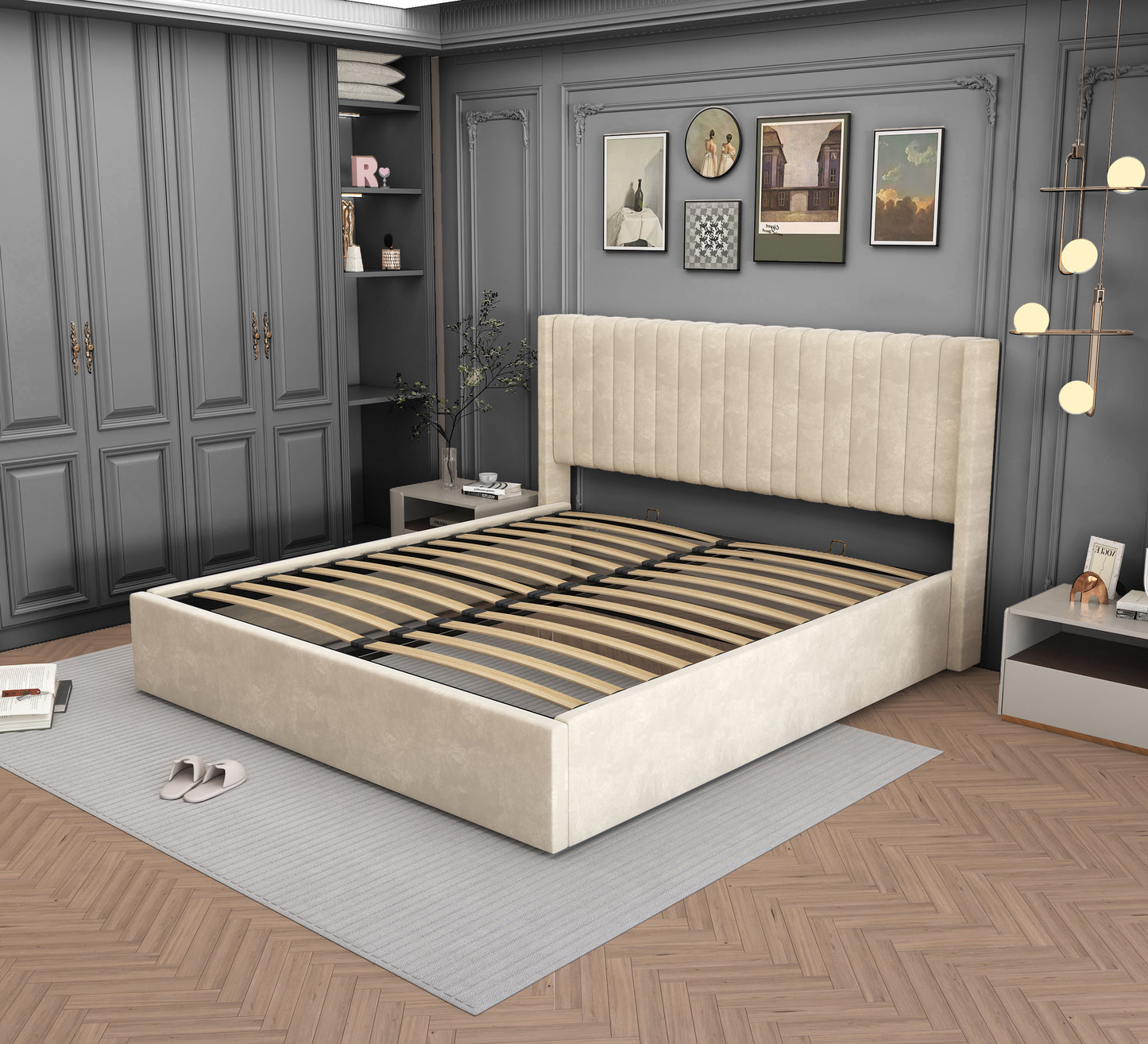 Lit Coffre Camille Beige Velours lattes