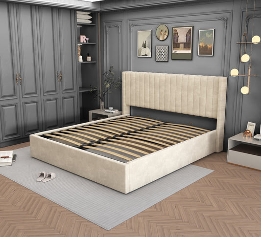 Lit Coffre Camille Beige Velours lattes