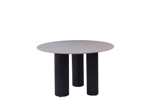 Table à manger « Anaîs » 3 pieds effet travertin plateau céramique marbre blanc 120 cm