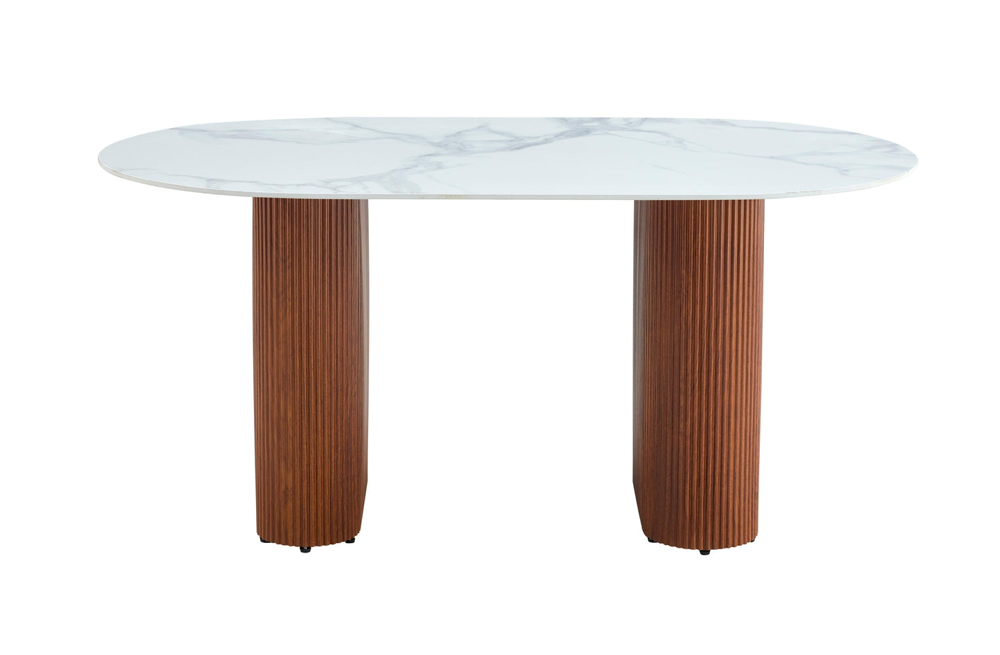 Table à manger « Rox » en céramique marbre blanc pieds noisette travertin