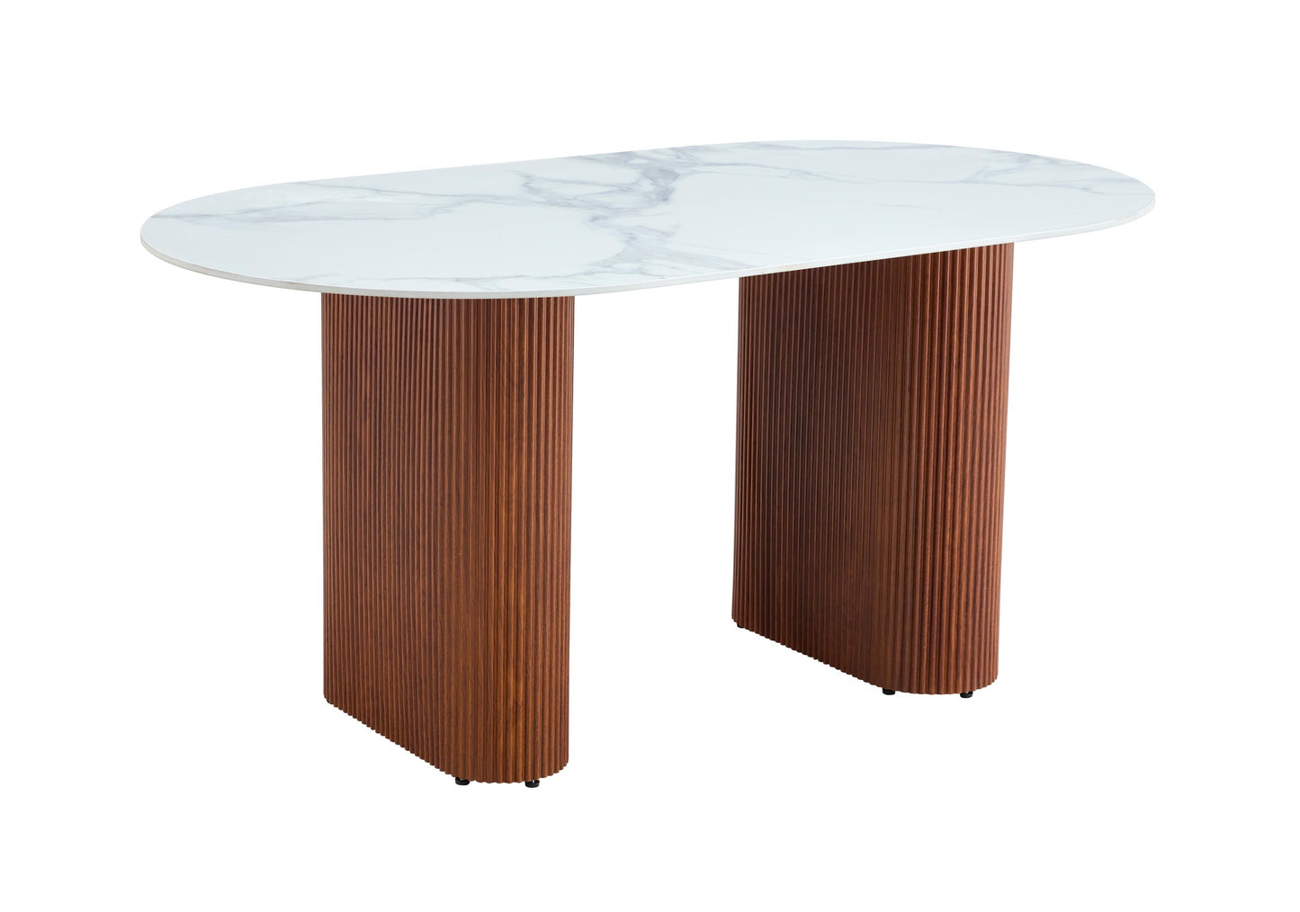 Table à manger « Rox » en céramique marbre blanc pieds noisette travertin