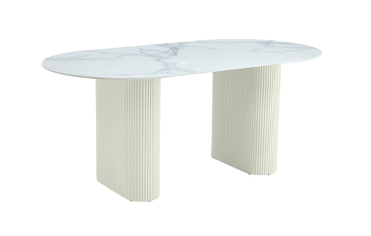Table à manger « Rox » en céramique marbre blanc pieds blancs effet travertin